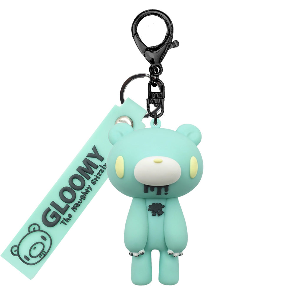 Gloomy Bear keychain with a tag on a white background