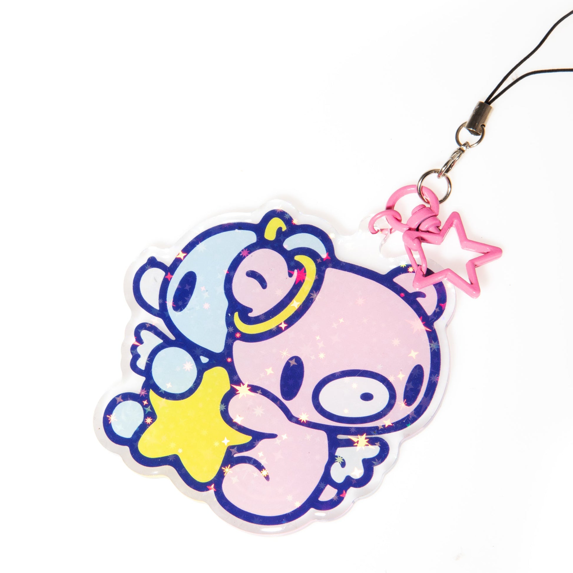 Cartoon character charm with a pink and blue design on a white background
