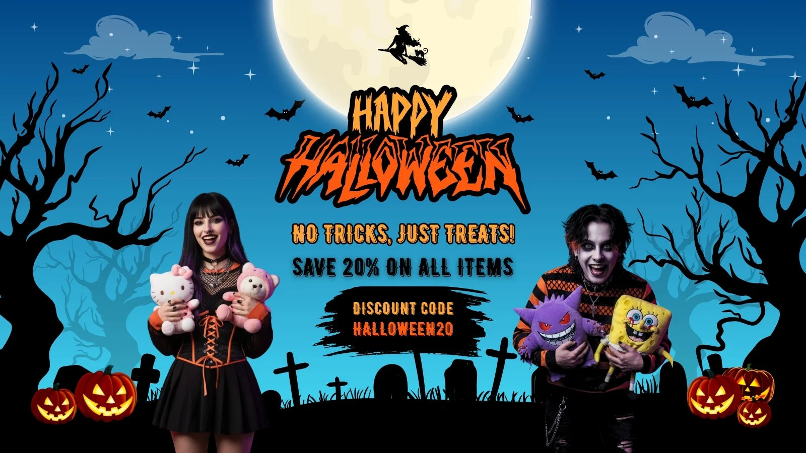 Plushie plays halloween-themed promotional banner with two people holding plush toys, pumpkins, and a full moon.