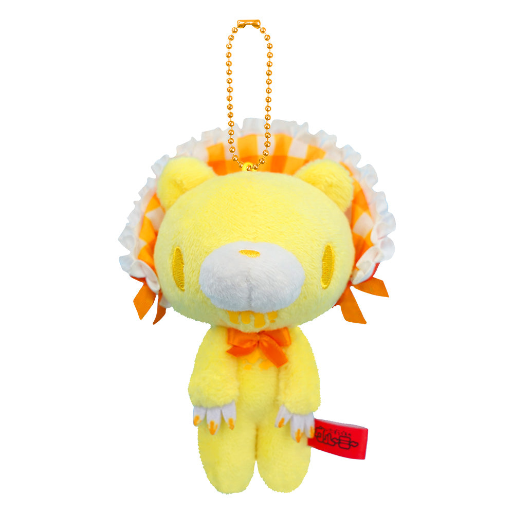 Yellow plush keychain with a bow on a white background