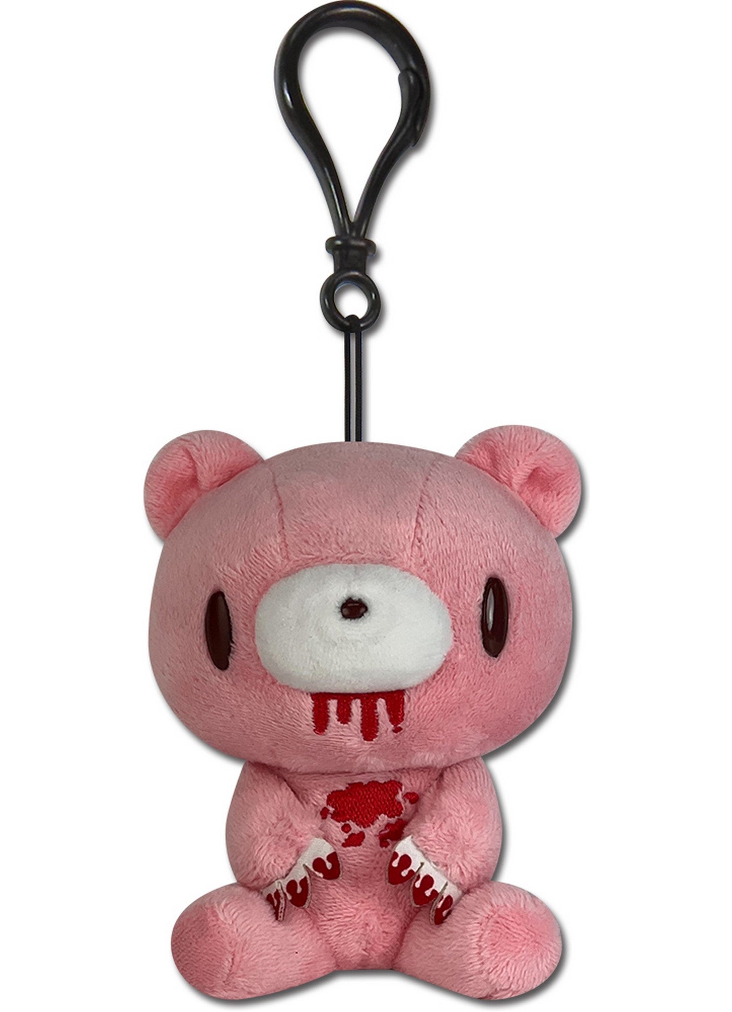 Pink plush toy with a black clip on a white background