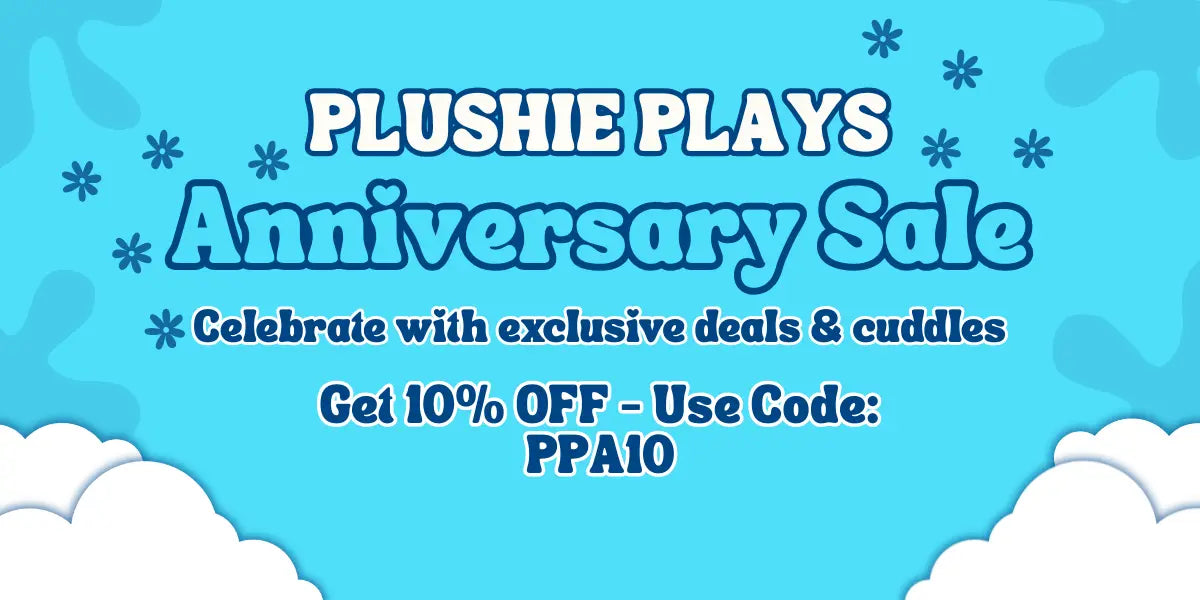 Promotional banner for Plushie Plays Anniversary Sale with a blue background and white text.