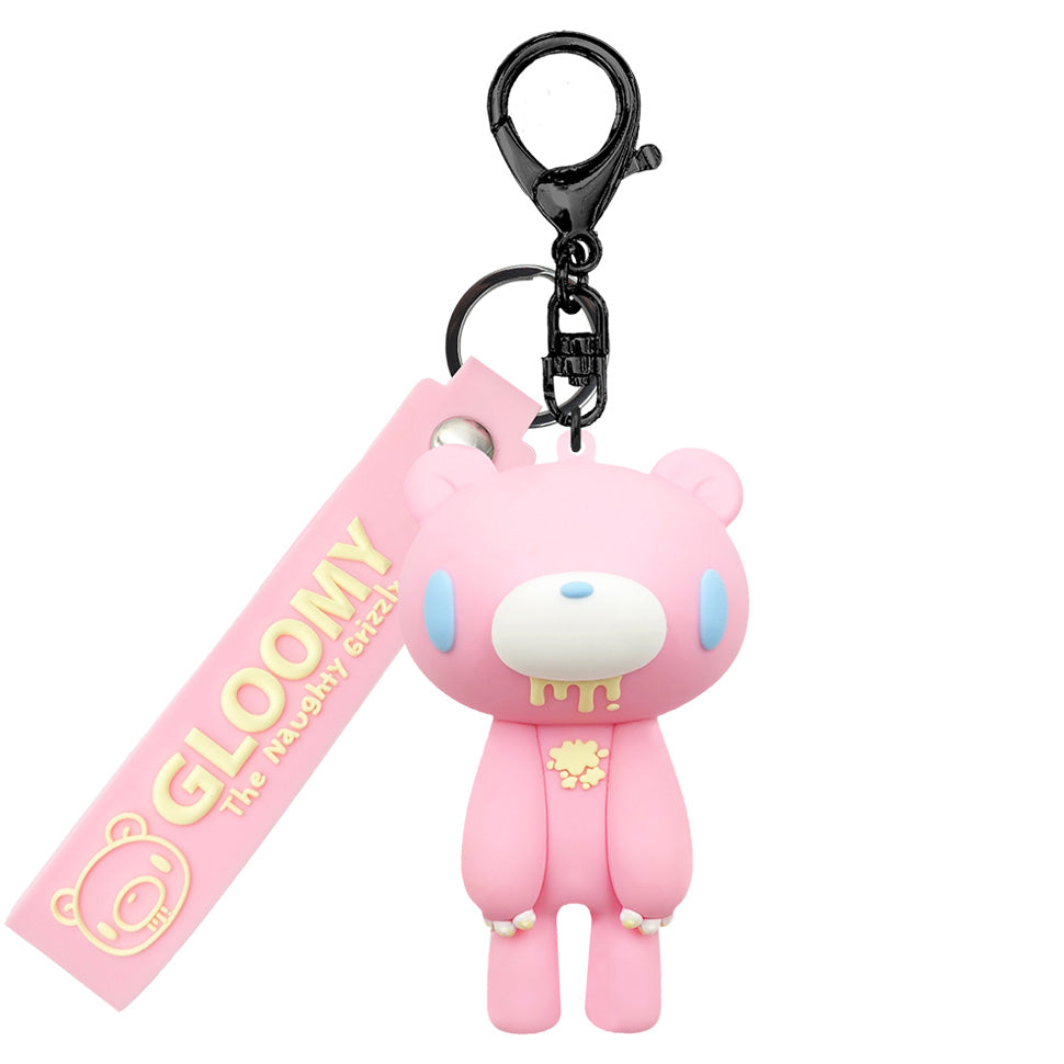 Pink plush keychain with a tag labeled 'Gloomy Bear' on a white background