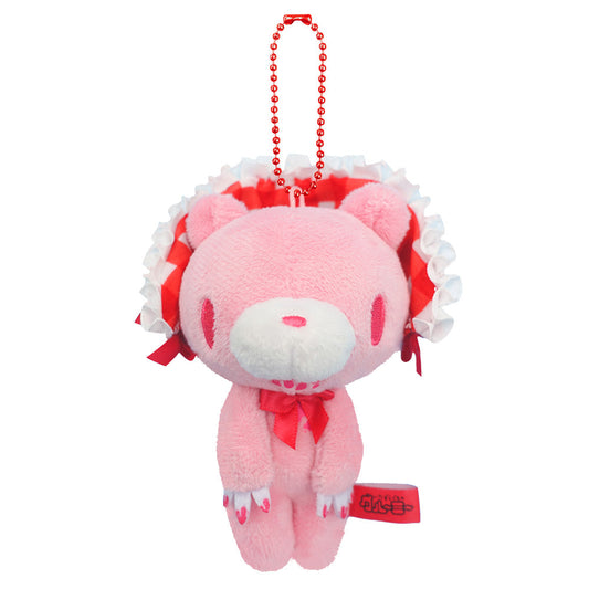 Pink plush keychain with red accents on a white background