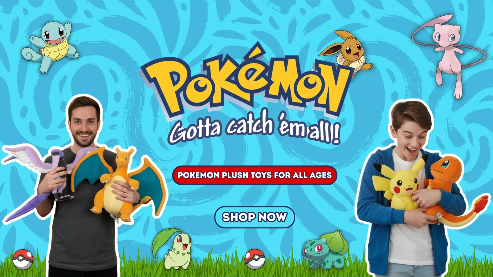 Plushie plays  promotional banner for Pokémon plush toys with Pokémon cartoon characters and text on a blue background.