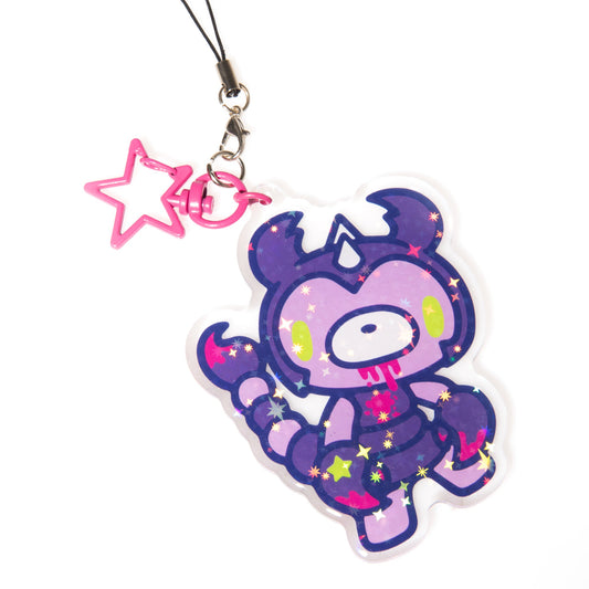 Purple cartoon character phone charm with a star-shaped keychain on a white background